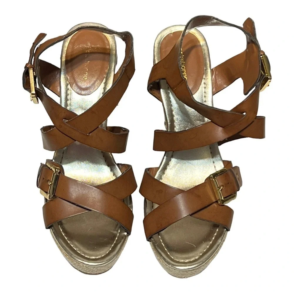 Liz Claiborne Woven Wedge Heel Faux Leather Crisscross Strap Platform Sandal 8.5